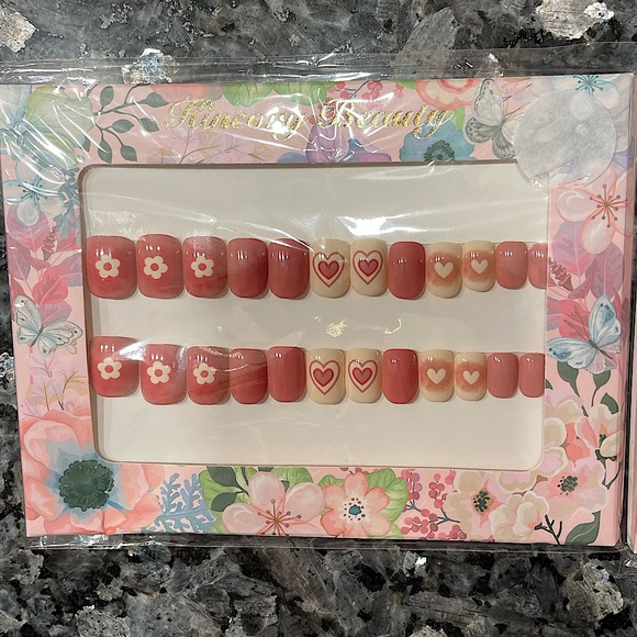 NEW Pink Heart Flower Bow Gem French Tip Style Press-On Nail Set Bundle - Picture 3 of 4